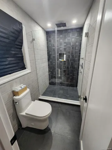 a bathroom with a toilet and a shower