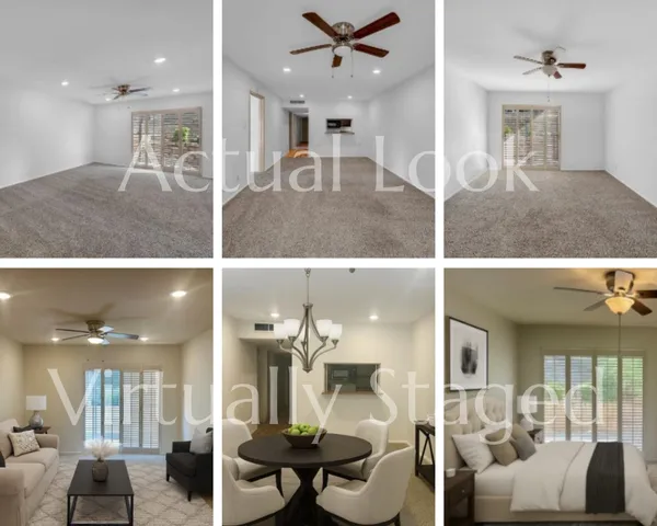 a view of living room filled with furniture and a chandelier
