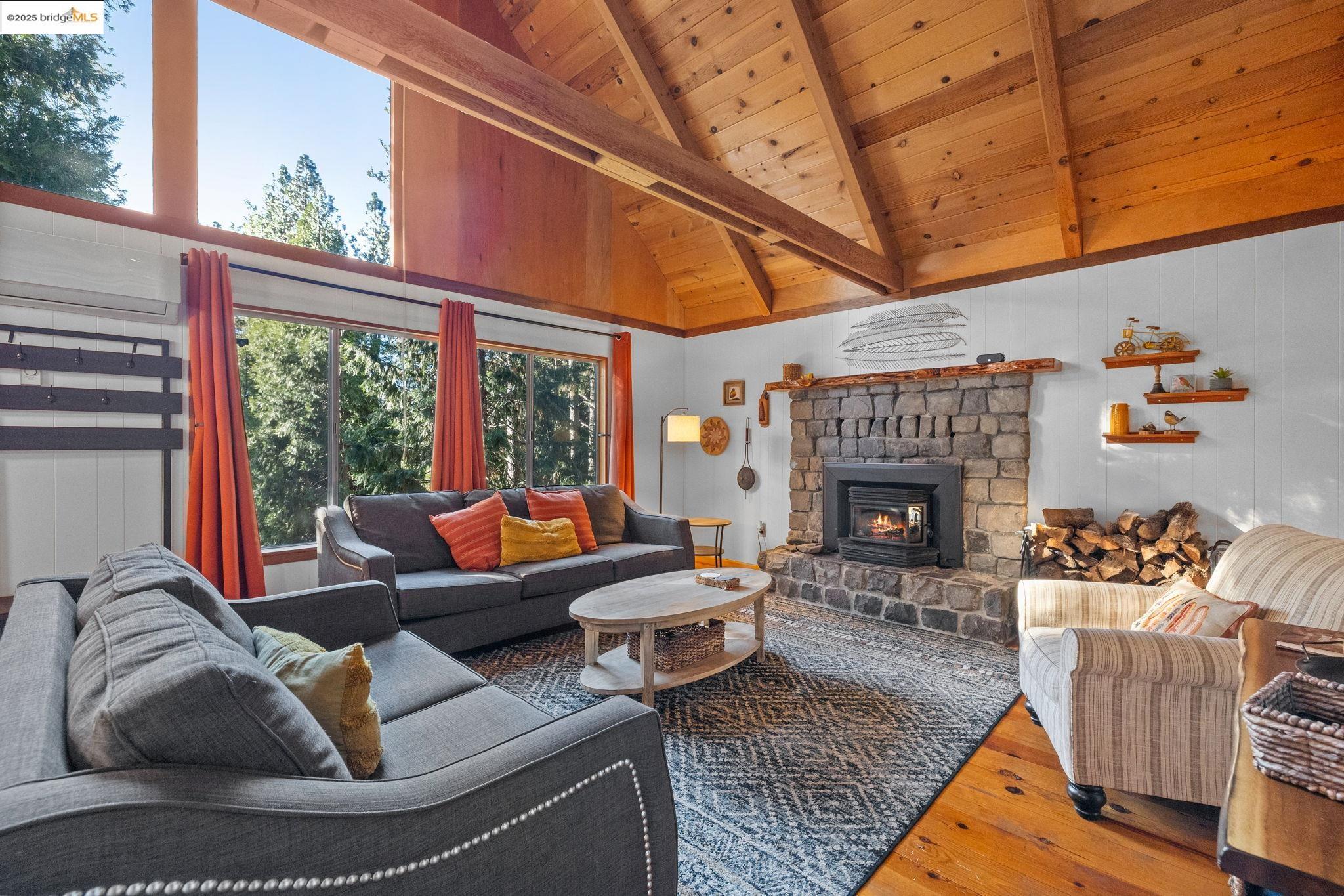 a living room with furniture a fireplace and a table