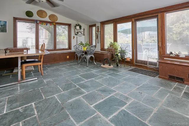 a living room with a large window
