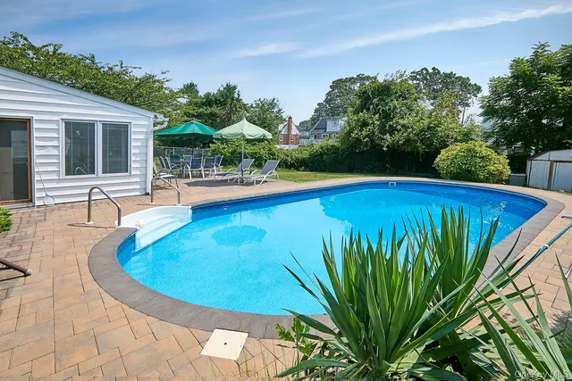 a view of a swimming pool with lawn chairs plants and large tree