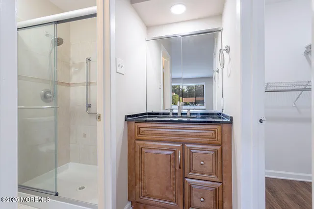 a bathroom with a shower sink and mirror