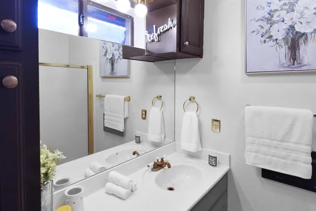 a bathroom with a sink and a mirror