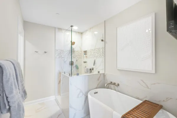 a bathroom with a bathtub and a shower