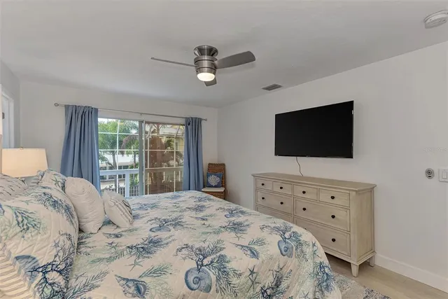a bedroom with a bed and a flat screen tv on dresser