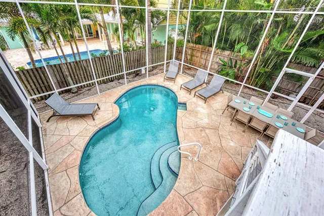 a view of outdoor space with signage and flags
