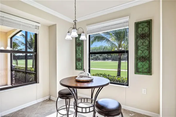 a view of a dining room with furniture window and outside view