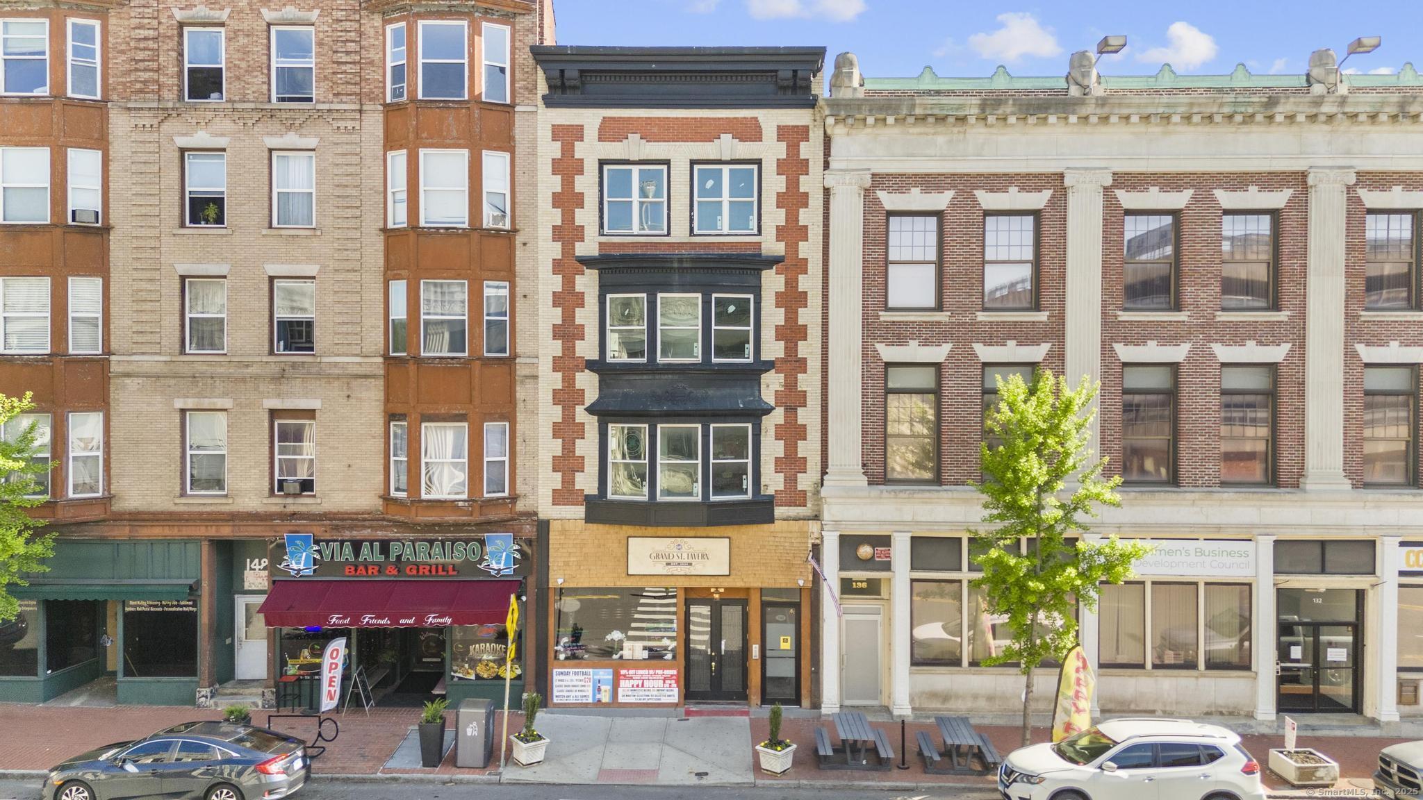 a front view of a multi story building