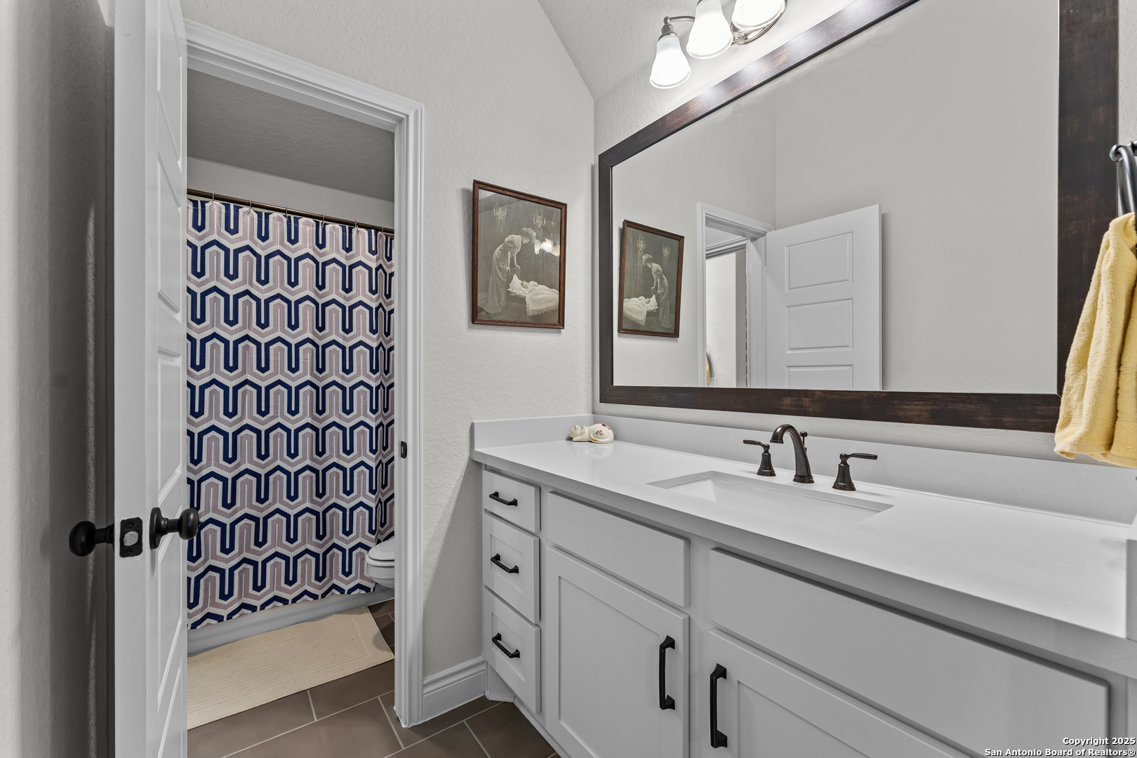 2965 Grove Way Seguin, TX 78155 - Photo 55 of 60 a bathroom with a sink a mirror and a shower