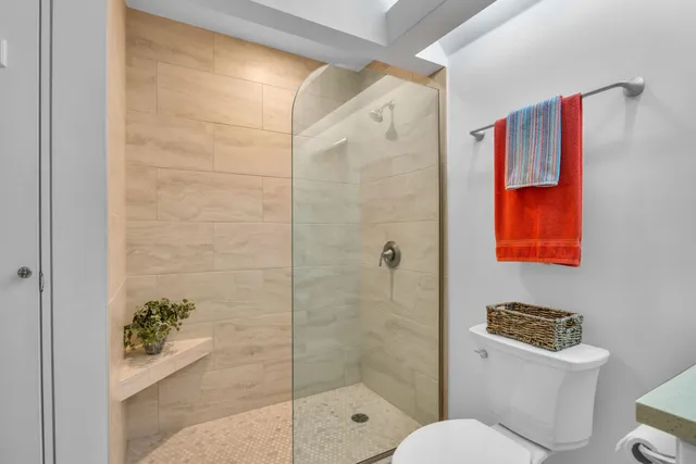 a bathroom with a shower and a toilet