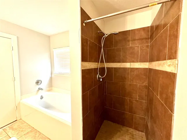 a bathroom with a bathtub and a shower