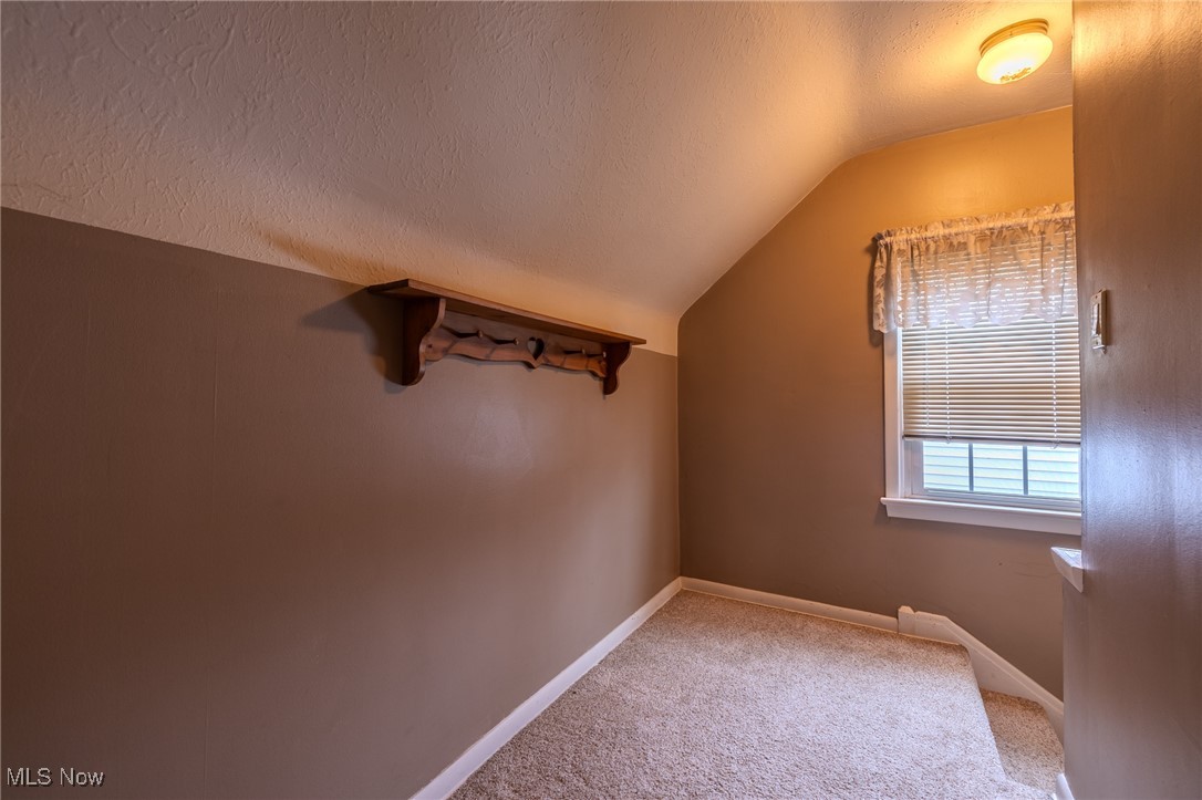 765 Pendley Road Willowick, OH 44095 - Photo 22 of 50 Additional living space with carpet flooring, lofted ceiling, and a textured ceiling