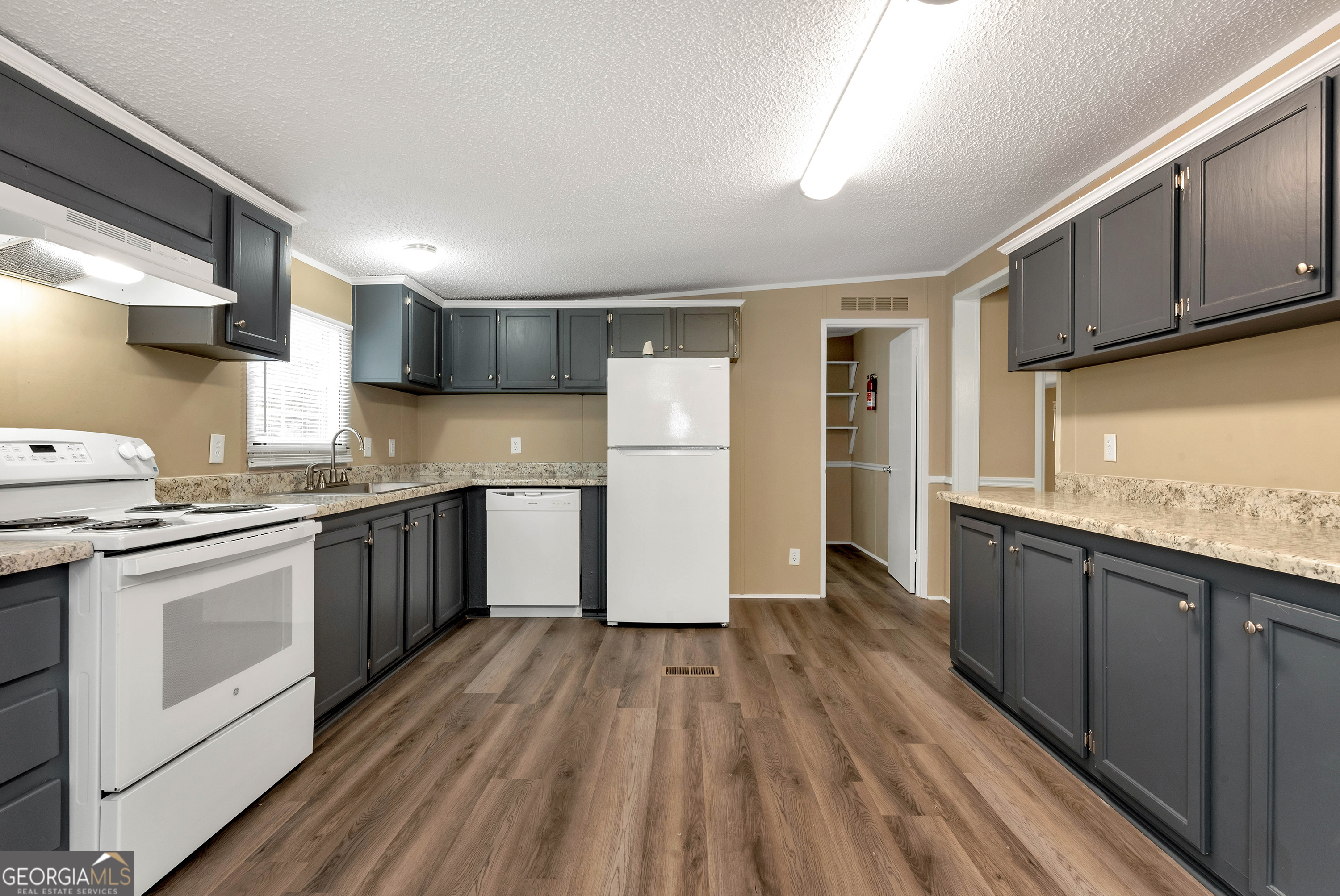 255 Double Branch Road Danielsville, GA 30633 - Photo 10 of 46 a kitchen with granite countertop wooden floors and white stainless steel appliances