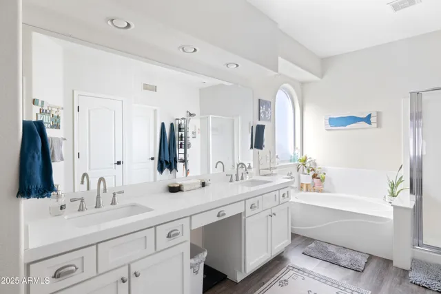 a bathroom with a double vanity sink mirror double vanity and bathtub
