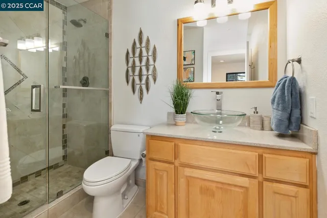 a bathroom with a granite countertop sink toilet and shower