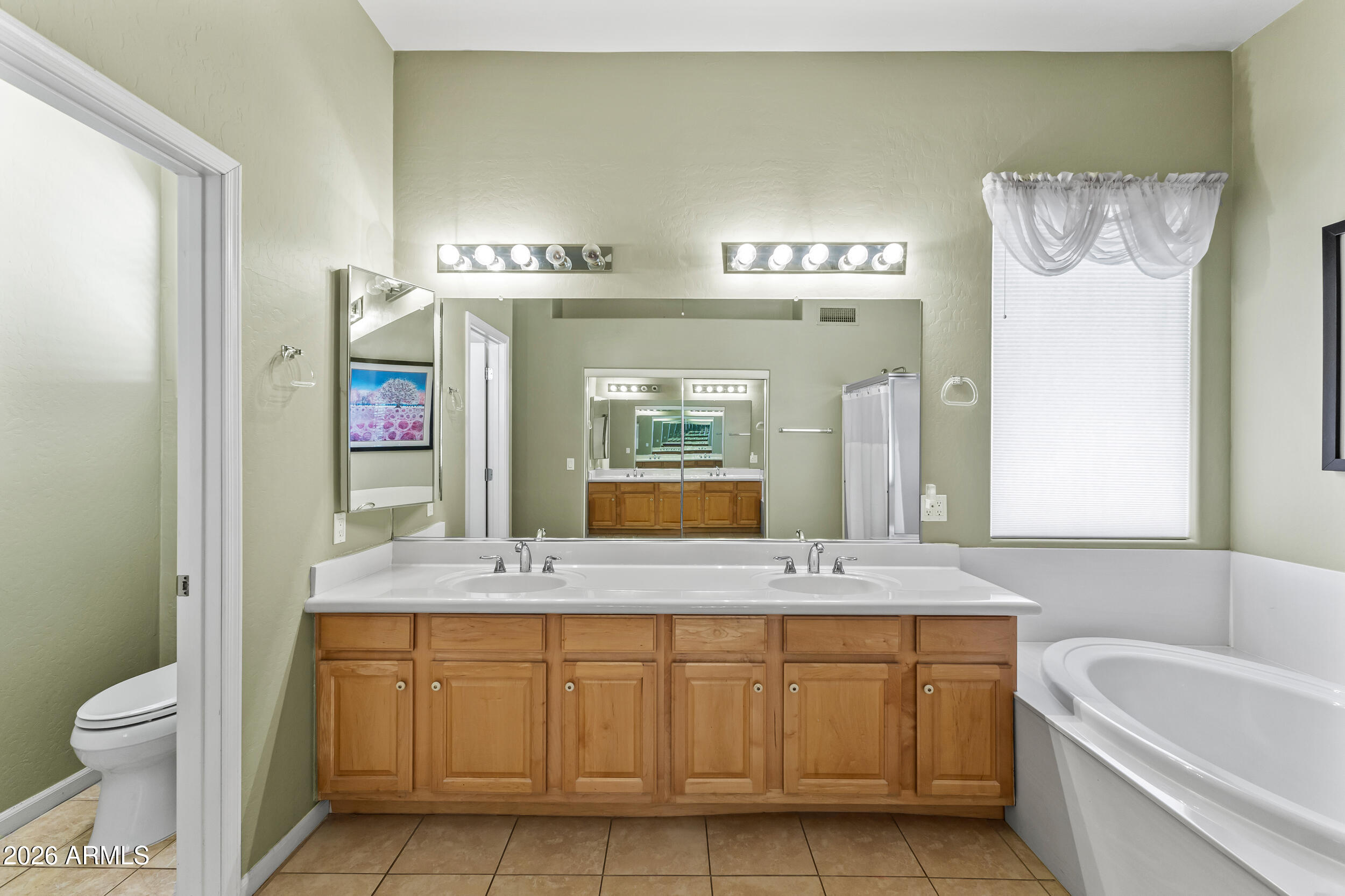 584 South Granite Street Gilbert, AZ 85296 - Photo 31 of 49 a bathroom with a granite countertop sink a mirror and a bathtub