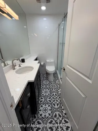 a bathroom with a sink a toilet a mirror and shower