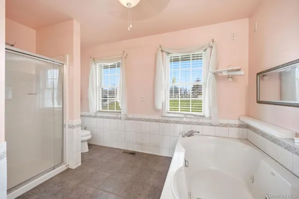 a bathroom with a bathtub and a toilet