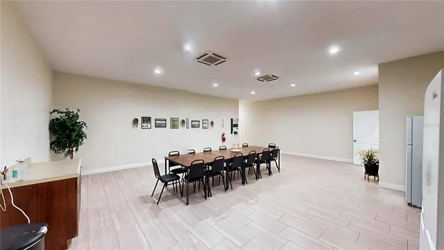 a view of a dining room with furniture