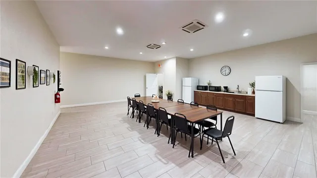 a view of a dining room with furniture