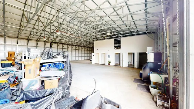 a view of a garage with storage