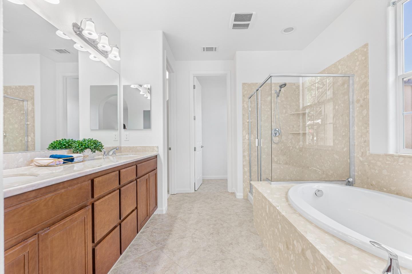 4232 Astor Hollow Street San Ramon, CA 94582 - Photo 19 of 37 a spacious bathroom with a tub shower and a mirror
