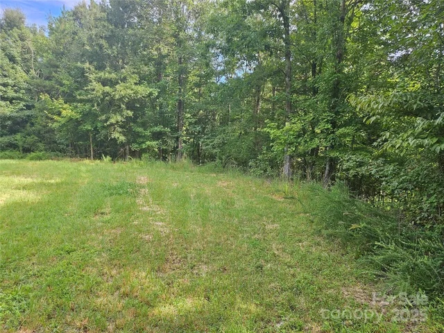 a view of a lake with a yard and large trees