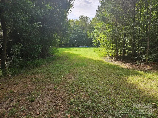 a view of a field with a trees in the background