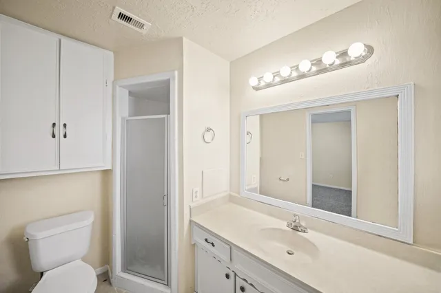 a bathroom with a toilet a sink a mirror and vanity