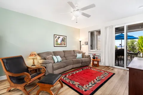 a living room with furniture rug and wooden floor