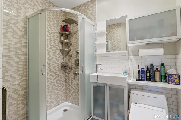 a bathroom with a shower and a sink