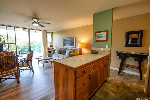 a living room with furniture a ceiling fan and a rug