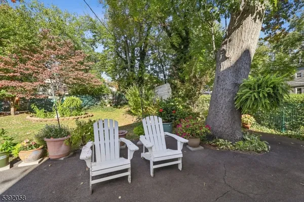 a view of backyard with outdoor seating and plants