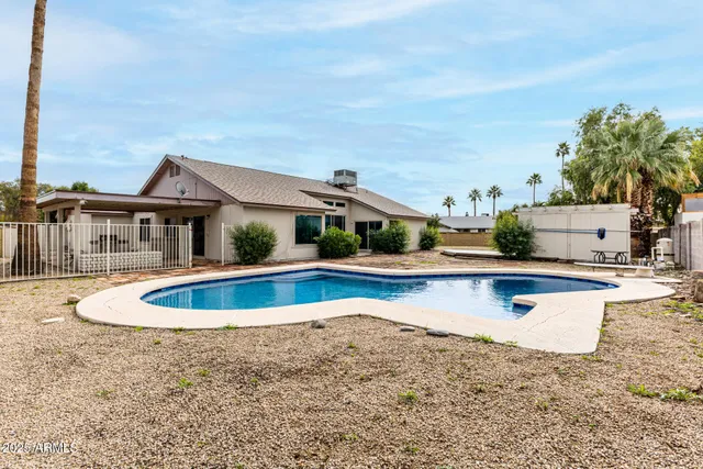 a view of a backyard with plants and palm trees