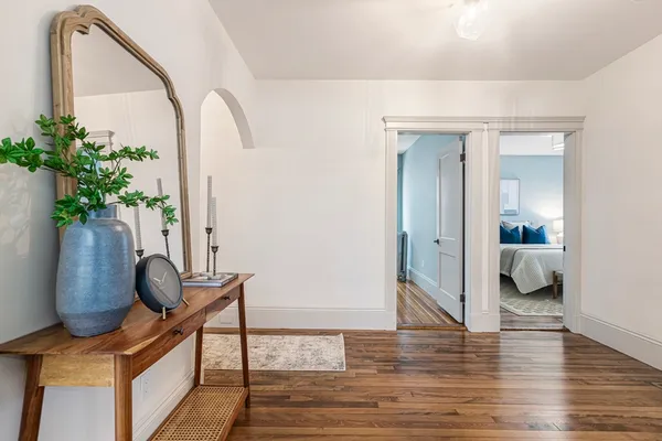 a living room with furniture and a potted plant