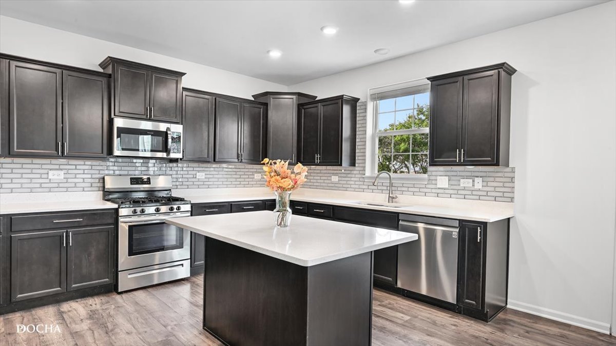 26827 Ashgate Crossing Plainfield, IL 60585 - Photo 3 of 31 a kitchen with kitchen island granite countertop stainless steel appliances and sink