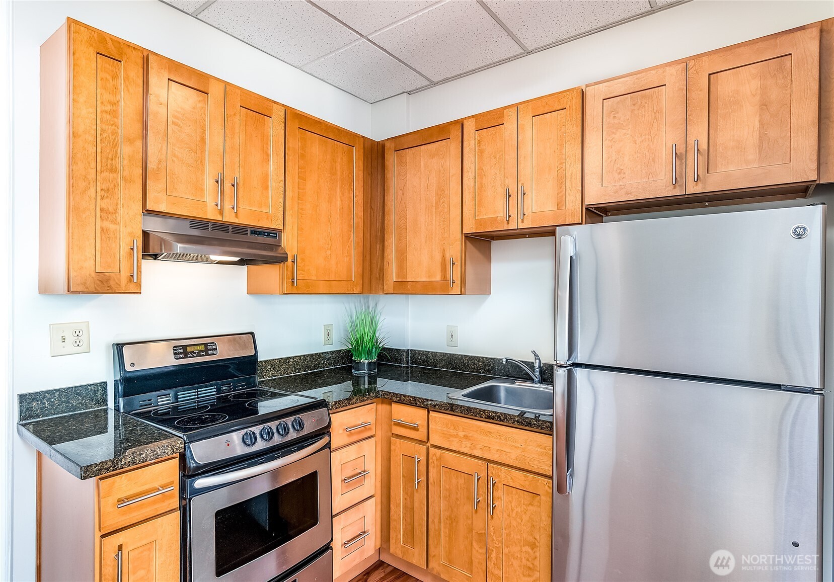 523 Pine Street, Unit 1005 Seattle, WA 98101 - Photo 7 of 10 a kitchen with stainless steel appliances granite countertop a refrigerator sink and cabinets