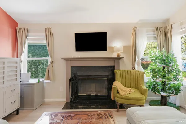a living room with furniture a flat screen tv and a fireplace