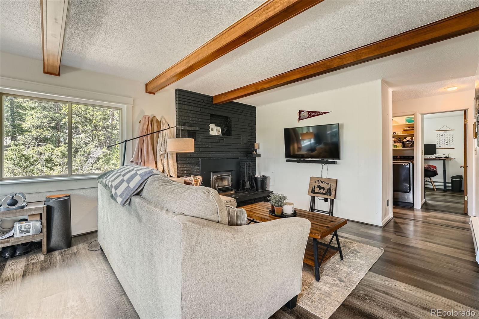 28669 Mountain View Road Conifer, CO 80433 - Photo 11 of 40 a living room with furniture a flat screen tv and a floor to ceiling window