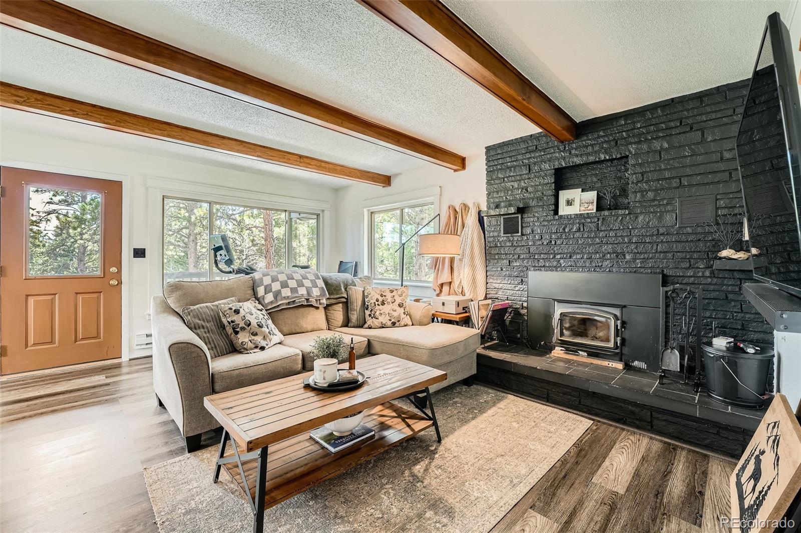 28669 Mountain View Road Conifer, CO 80433 - Photo 8 of 40 a living room with furniture and a fireplace