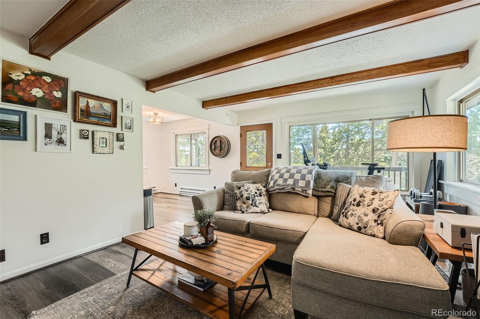28669 Mountain View Road Conifer, CO 80433 - Photo 10 of 40 a living room with furniture and a lamp