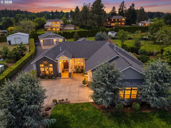 a aerial view of a house with a yard and a large tree