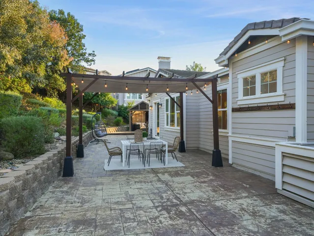 a view of a backyard with sitting area