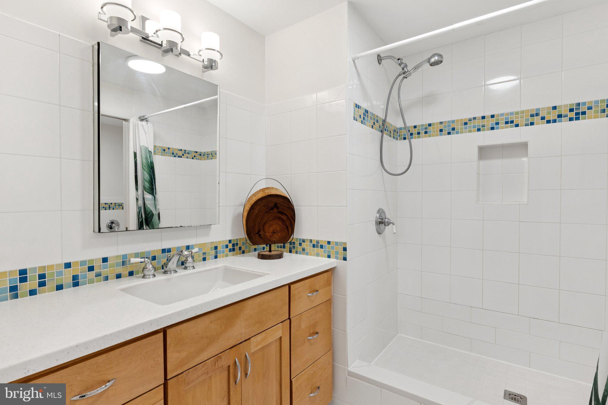 1880 Columbia Road Northwest, Unit 204 Washington, DC 20009 - Photo 17 of 23 a bathroom with a granite countertop sink a mirror and a shower