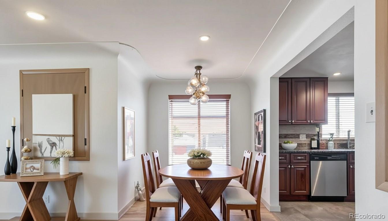 4901 Grove Street Denver, CO 80221 - Photo 8 of 25 a dining room with stainless steel appliances kitchen island granite countertop a table and chairs