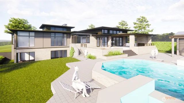 a view of a house with backyard sitting area and garden