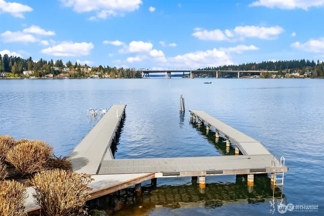 a view of a lake with houses in the back