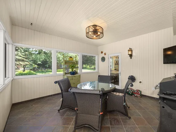 a view of a dining room with furniture window and outside view