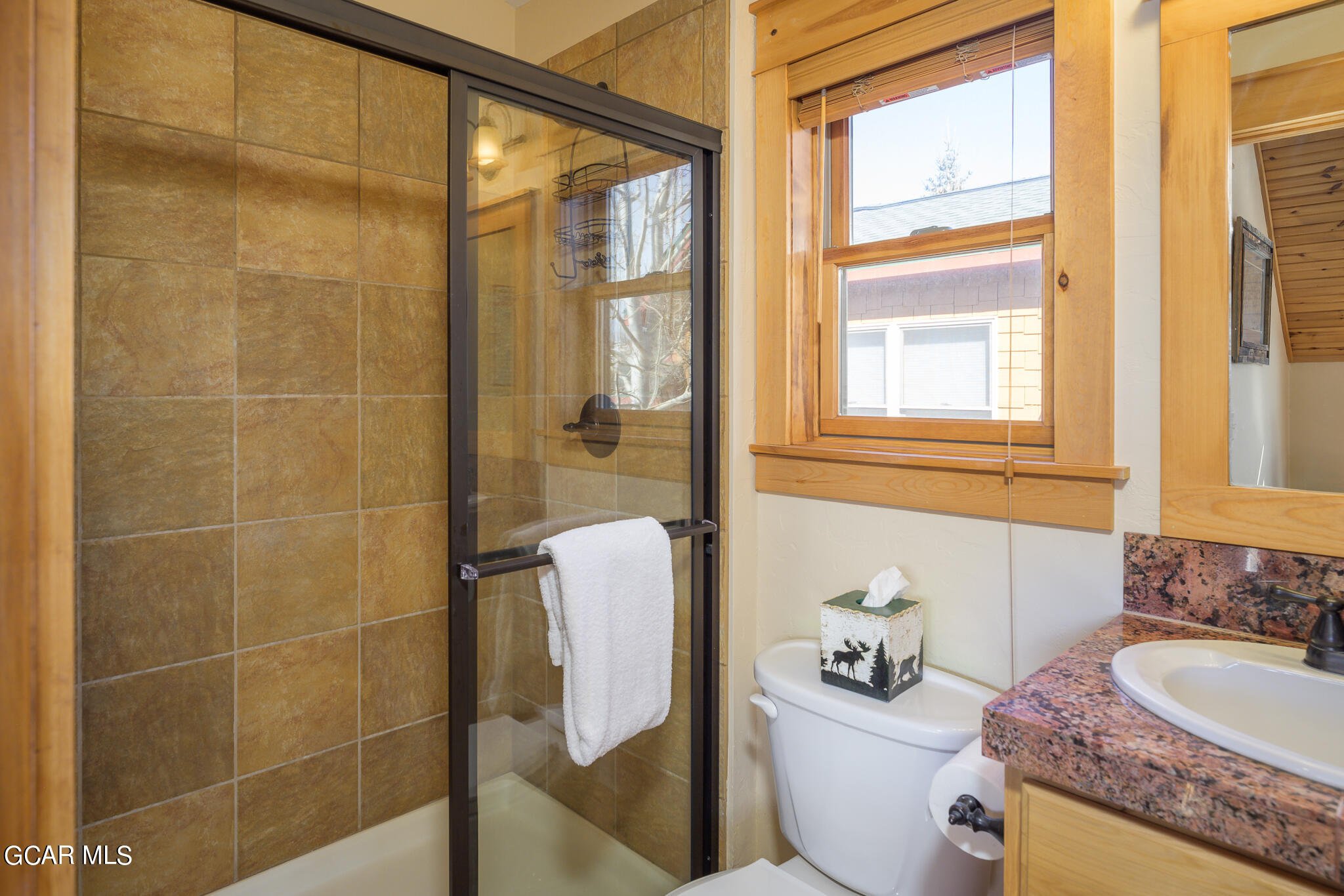 129 Edgewater Circle Granby, CO 80446 - Photo 16 of 63 a bathroom with a granite countertop sink a toilet and shower