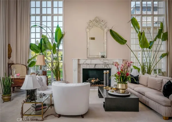 a living room with furniture a potted plant and a fireplace
